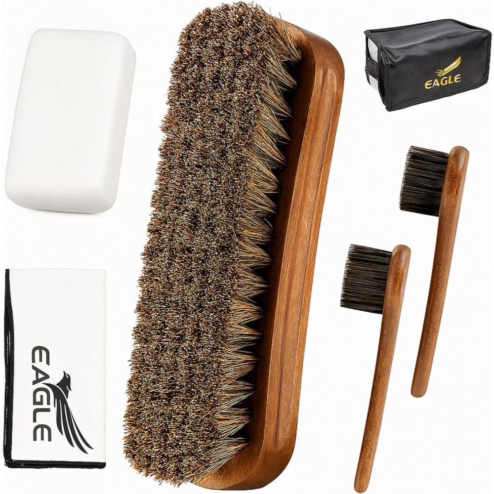 Shoe Shine Brush Kit 5-Piece Leather Care Set with Horsehair Brush, Daubers, Shi